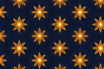 A seamless abstract pattern featuring glowing orange flowers with radiating lines and circular designs, set against a deep blue background, creating a vibrant and symmetrical layout.