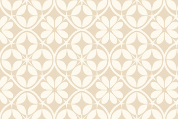 Seamless retro floral pattern with interlocking shapes in beige and cream.