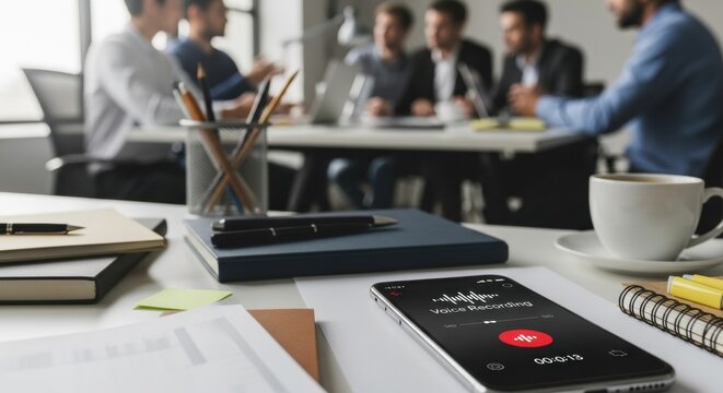 Mobile voice recording application on a smartphone. Listening or recording audio during a meeting. Cyber surveillance concept.