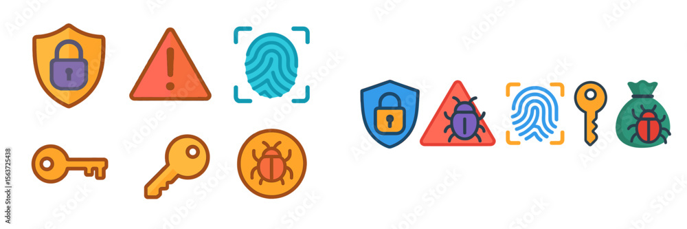 Poster collection of security icons illustrating protection, threats, and authentication methods for cybers