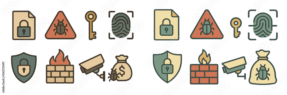 Poster Colorful icons depicting cybersecurity concepts including locks, bugs, and firewalls in a digital context