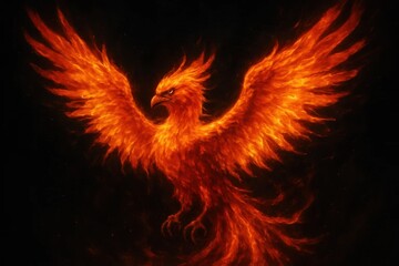 Fototapeta premium A fire bird flying through the air with a black background