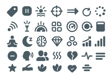 Dark themed wellness and productivity icons set in minimalist style