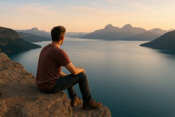 A man sitting on a rock overlooking a body of water