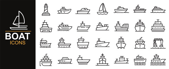 Marine icon collection featuring sailboats, yachts, and ships, ideal for ocean, sea, and travel-related projects.