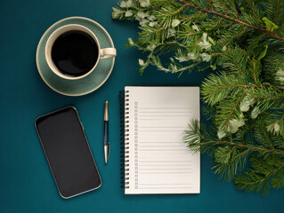 Festive Workspace With Coffee Phone And Blank Checklist Notebook On Green Background. Holiday Desk Flatlay