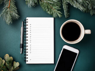 Evergreen Office Scene With Coffee Phone And Completed Checklist Notebook Overhead. Holiday Desk Flatlay