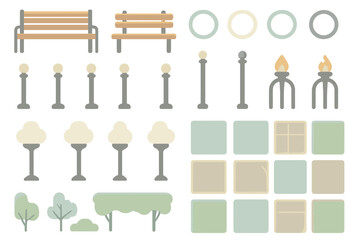 Soft-toned icon set of park elements including benches, lamps, trees, and pathway tiles