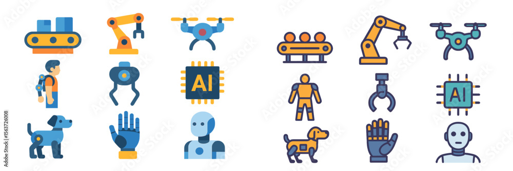 Poster colorful illustration of robotic technology and artificial intelligence concepts featuring robots, d