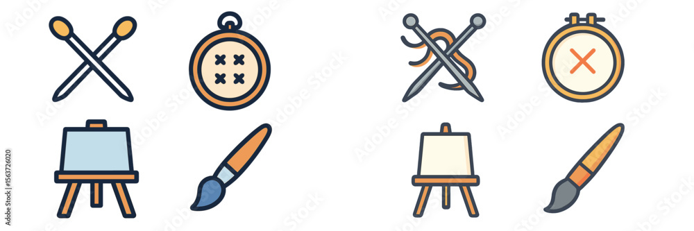 Poster creative tools and symbols of artistic expression for painting and crafting displayed on a simple ba