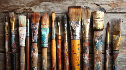 Fototapeta premium Art brushes and tools placed on a wooden table in a painterâ€™s studio setting