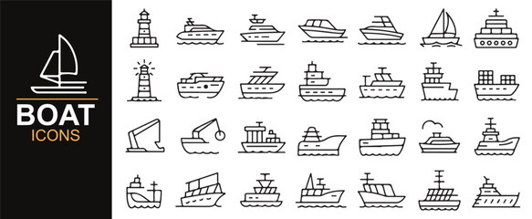 Set of various boat icons in line art style, including yachts, ships, sailboats, and a lighthouse for nautical-themed designs.