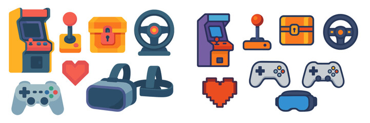 Collection of gaming devices showcasing evolution from classic arcade to modern virtual reality gaming