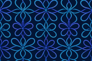 Fototapeta premium Symmetrical neon floral pattern with intertwined loops in blue and purple on a dark background.