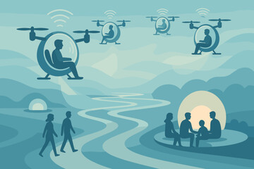 Futuristic scene with drone chairs, walking figures, and a family gathering in a serene landscape.
