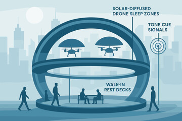 Futuristic rest hub with drone sleep zones and walk-in relaxation decks
