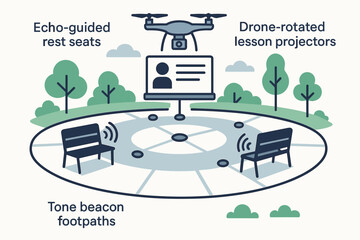 Smart park design with drone projector and echo-guided seating