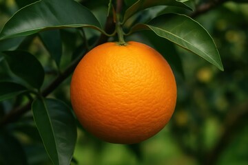 An orange hanging from a tree with green leaves