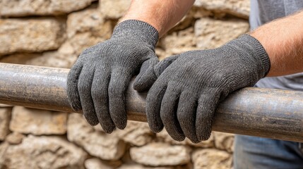 Plumber repairman fixing water pipe at kitchen sink closeup of gloved hands in a garden environment