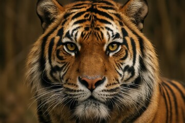  A close up of a tiger's face with yellow eyes