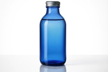 A blue glass bottle with a metal lid on a white surface