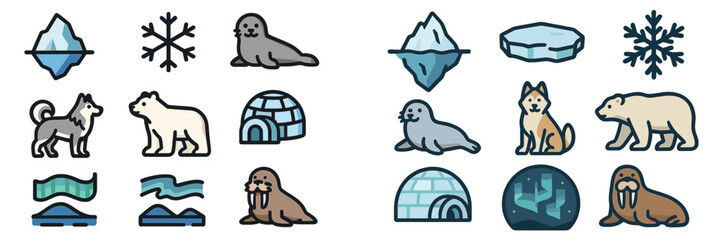 Colorful arctic and antarctic icons illustrate wildlife, ice features, and habitats in detail
