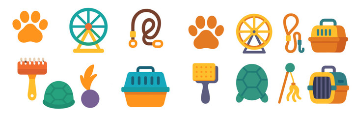Colorful icons represent various pet care items and activities for small animals in a playful design layout