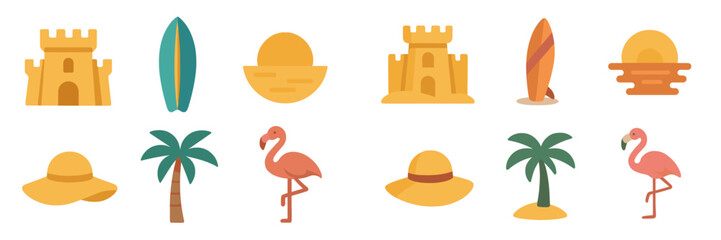 Bright summer icons showcasing a beach theme with surfboards, sandcastles, flamingos, and tropical elements in a playful design
