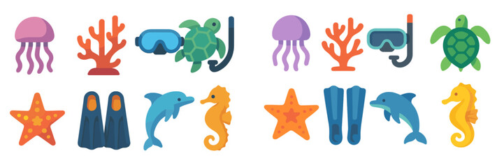 Colorful underwater life represented by marine animals and diving equipment in a vibrant graphic design