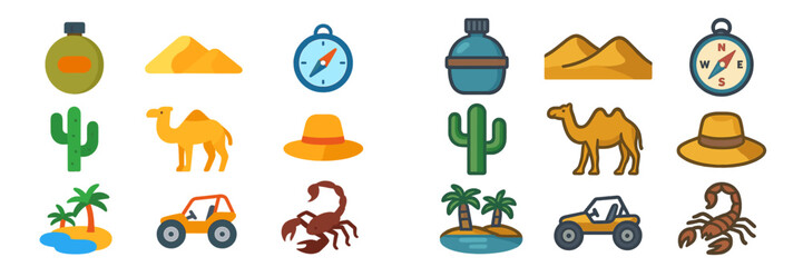 Colorful desert icons depicting adventure elements, from cacti to camels, showcasing outdoor activities in a sandy landscape
