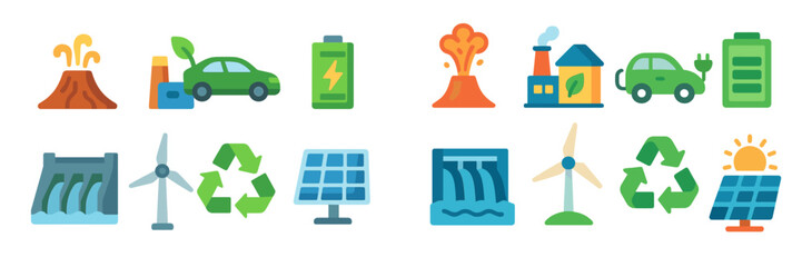 Exploring sustainable energy symbols showcasing wind, solar, and geothermal sources in a colorful illustration