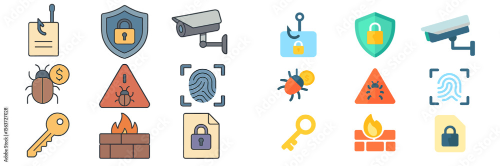 Poster illustrations of cybersecurity elements and concepts representing various security measures and thre