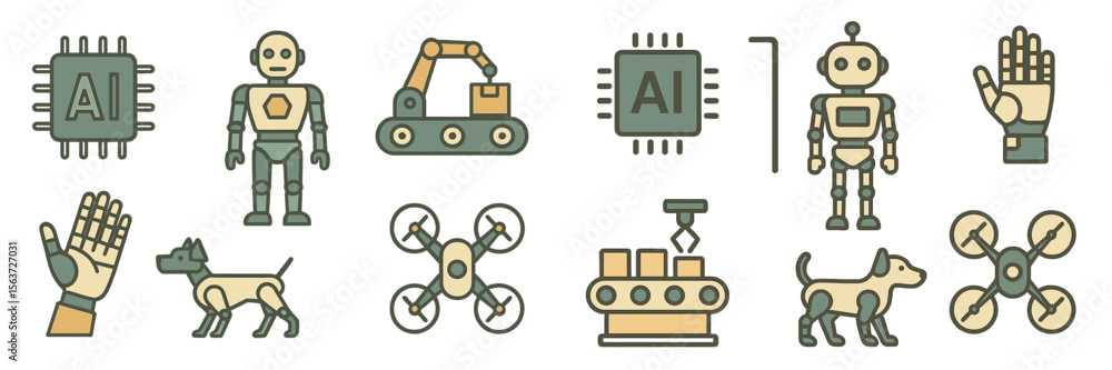 Poster collection of robot and artificial intelligence icons depicting various technologies and their appli