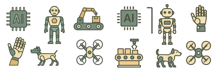 Collection of robot and artificial intelligence icons depicting various technologies and their applications in modern automation
