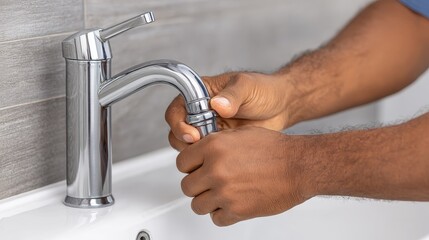 Plumber tightening faucet connection under sink in kitchen repairman working on pipe garden view for home maintenance