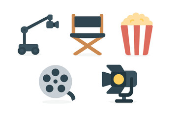 Equipment used in film production featuring a camera crane, director's chair, popcorn, film reel, and spotlight