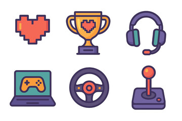 Colorful gaming icons representing love for gaming, trophies, and equipment often used in video game culture