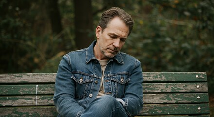 Pensive man sits alone on a weathered park bench, lost in thought, his denim jacket hugging him in quiet contemplation.