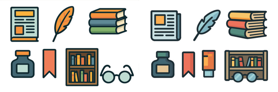 Colorful collection of writing and reading icons depicting various literary tools and materials for book lovers and writers