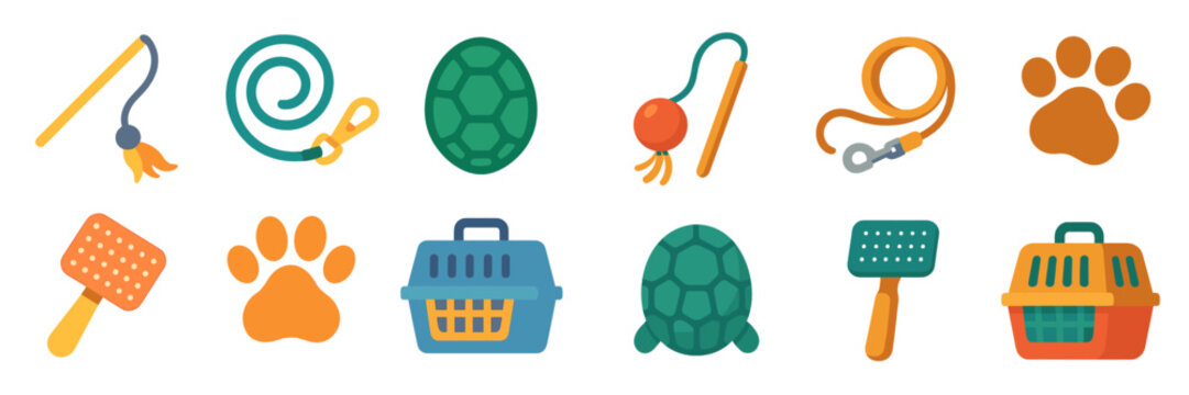 Various pet care icons displayed including toys, leashes, and food containers