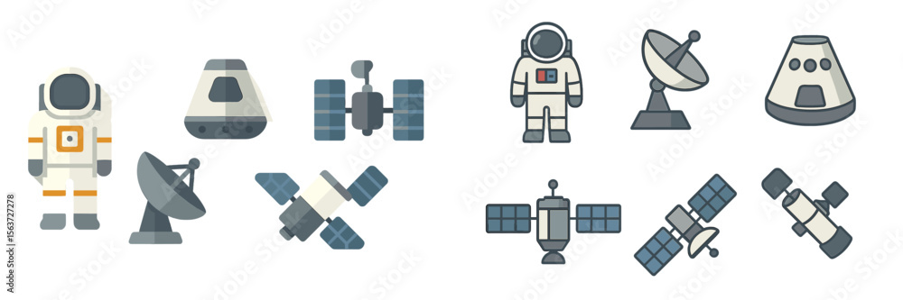 Poster exploration of outer space with astronauts, satellites, and spacecraft represented through simple vi