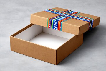 An open cardboard box with a decorated ribbon revealing its white interior offers possibilities.