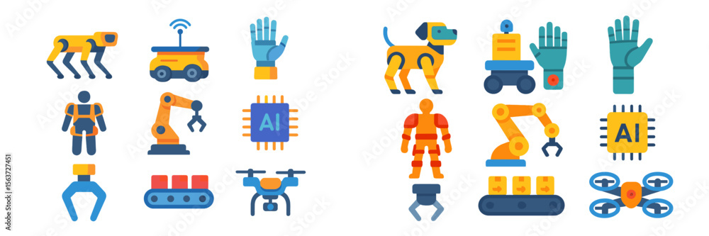 Poster Innovations in robotics and artificial intelligence showcased through colorful icons representing various technologies and applications