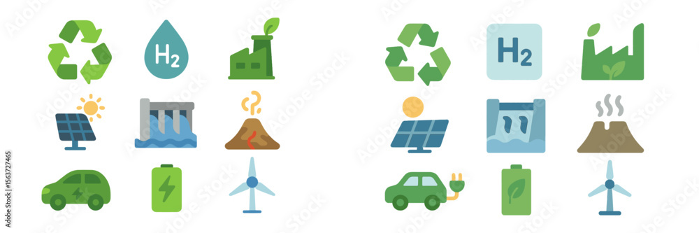 Poster Illustrations depicting various renewable energy sources and environmental concepts in a colorful grid layout