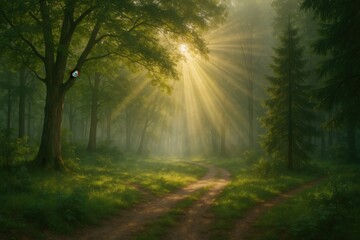 Obraz premium A dirt road in the middle of a forest with sunbeams shining through the trees