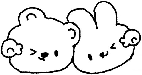 사진 포즈를 취한 곰돌이와 토끼 흑백 손그림 캐릭터 © titi.drawing