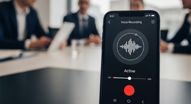 A man holding a phone with an active voice recording app over a blurred business meeting. Cyber surveillance concept.