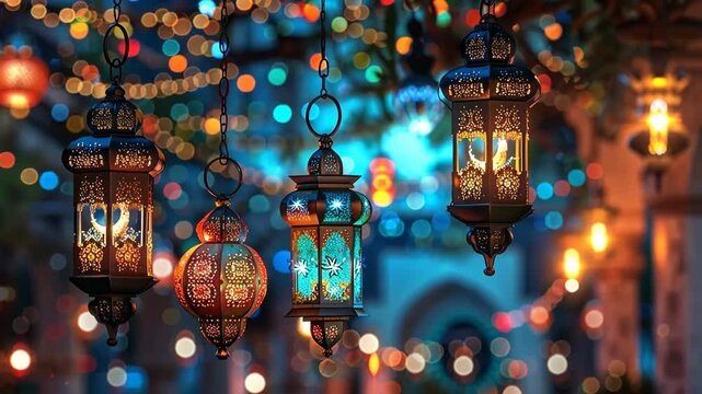 illuminated lanterns glowing in soft light during celebration of kurban bayram creating festive spiritual atmosphere with traditional design elements concept of islamic holiday cultural event design i