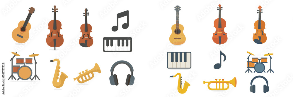 Poster collection of musical instruments showcased with various styles and accessories for a vibrant artist