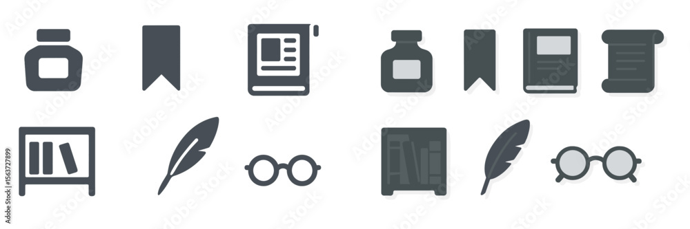 Poster Collection of writing and reading tools including books, ink, and eyeglasses on a simple background